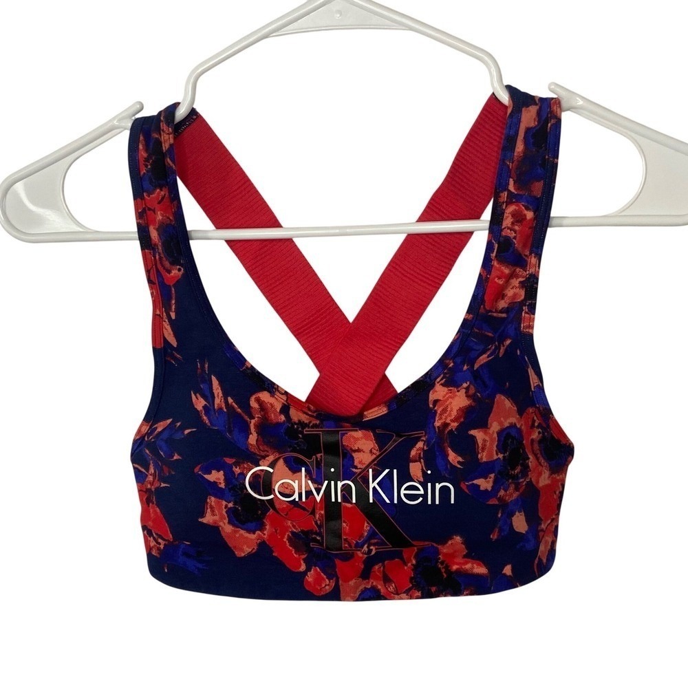 Calvin Klein Floral Logo Sports Bra Navy Red Criss Cross Straps Womens Small